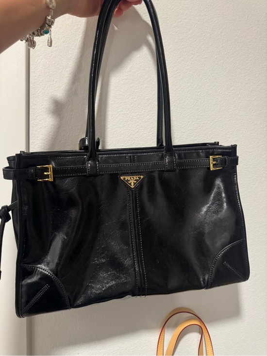 Handbags - Black Patent Leather Double-Handle Tote with Gold Hardware